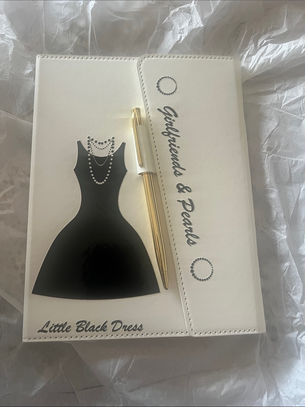 White Laptop Case with Gold Pen - Little Black Dress Design